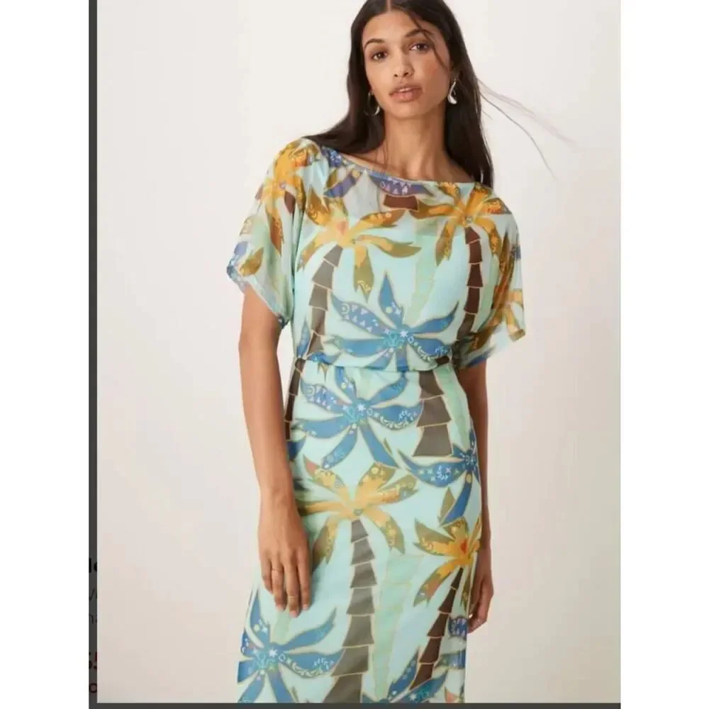 Never Fully Dressed Tilly off asymmetric mesh maxi dress in blue palm print New